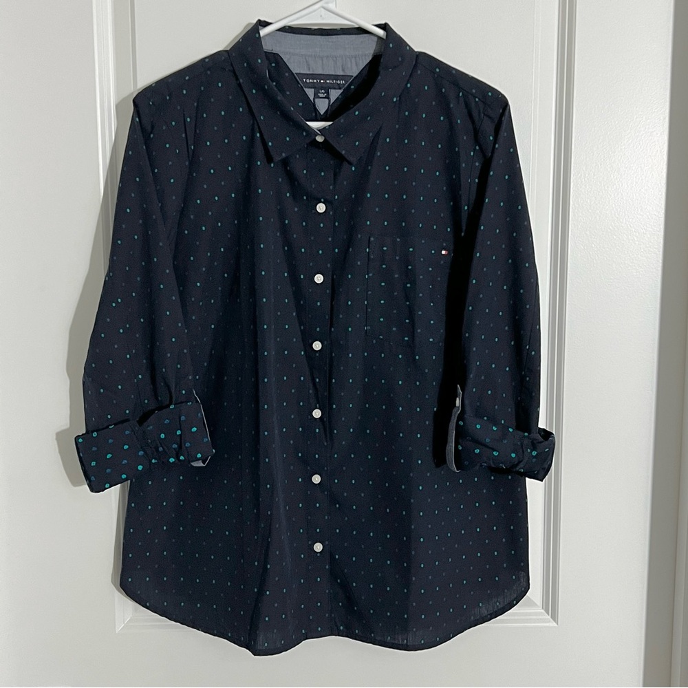 Tommy Hilfiger Polka Dot Button Down Shirt w/Roll Tab Sleeves - Size L